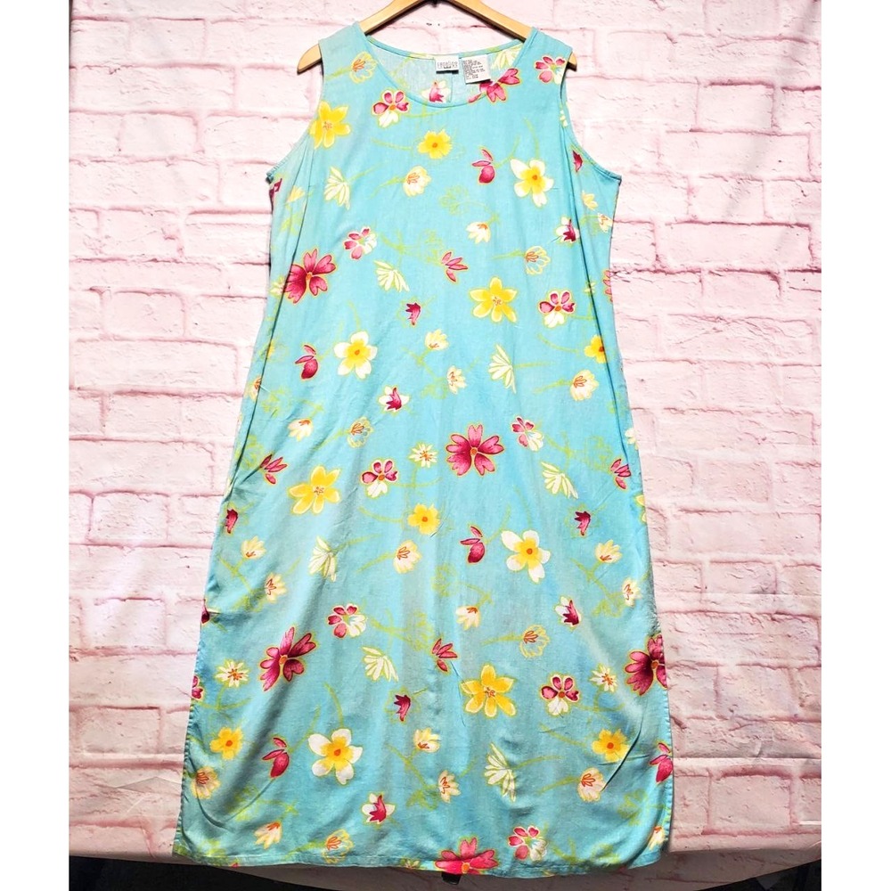 Carolina Colours Dress Womens 20W Blue Floral Linen Blend Sleeveless Spring Cozy